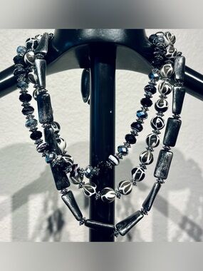 Vintage Chunky Black and White Beaded Statement Necklace